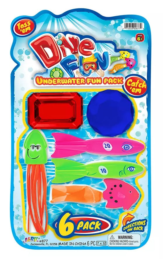 Dive toys. This set has a red rectangular gem, a blue circular gem, a green and orange smiling squid, a pink fish, a green fish and a pink and orange fish.