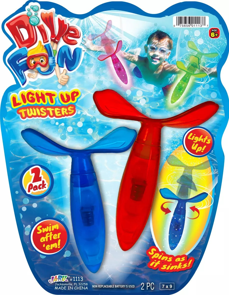 Diving toys that light up and spin underwater. This is the packaging for the blue and red toys.
