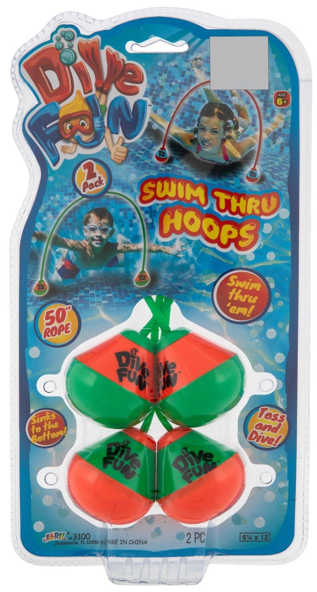 This image shows the packaging that these swim hoops come in. It reads "Dive Fun. Swim Thru Hoops. 2 pack. 50 inch rope. Swim thru 'em! Sinks to the bottom. Toss and dive!"