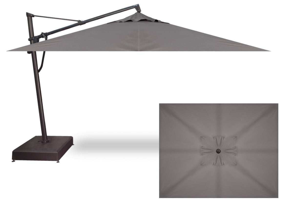 Rectangular cantilever umbrella. The frame and base is black and the umbrella's fabric is a charcoal/gray color.