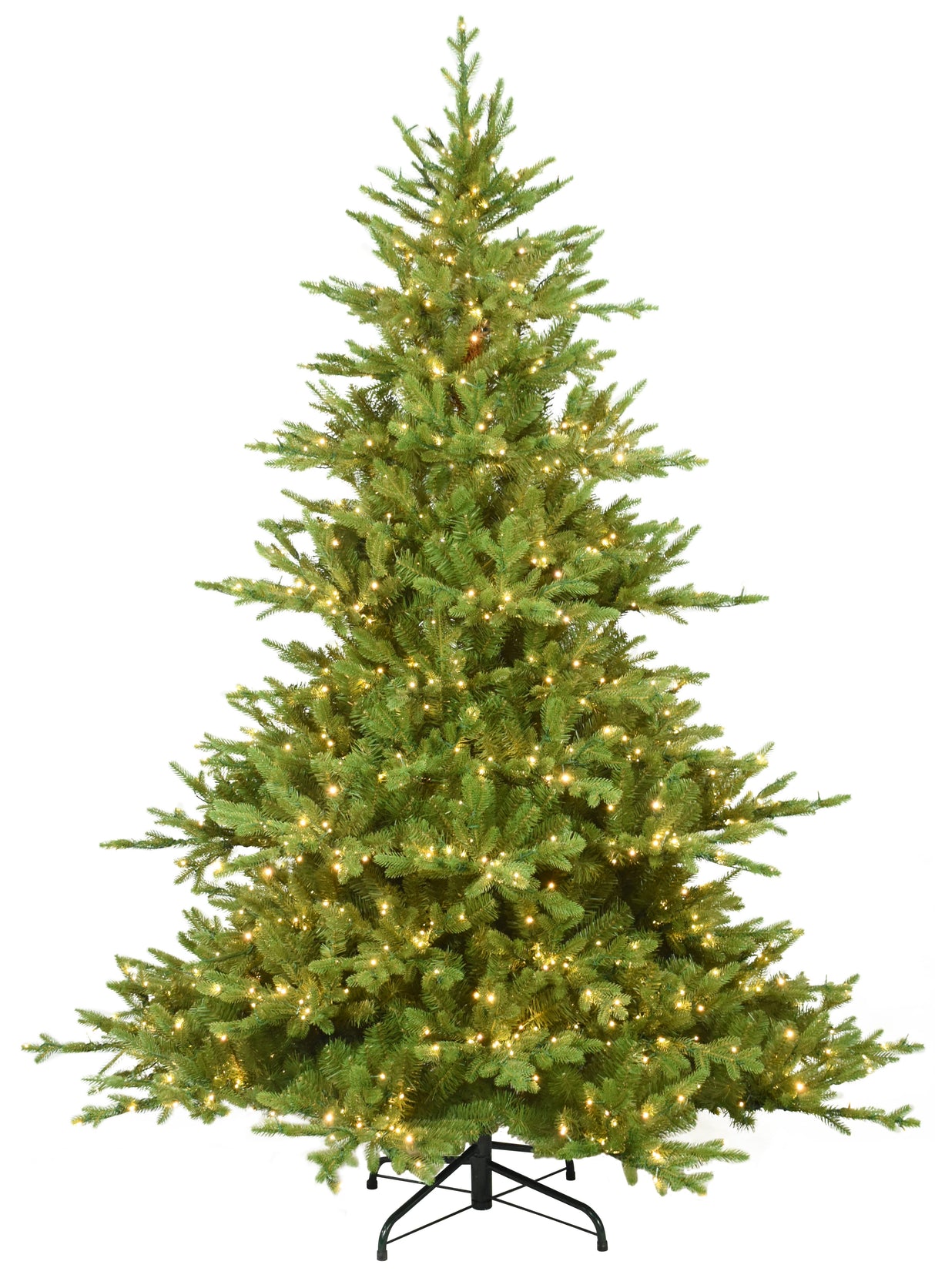 This image shows this specific 7.5 ft. artificial tree pre-lit with Warm White Starry Lights. This tree is up against a white background.
