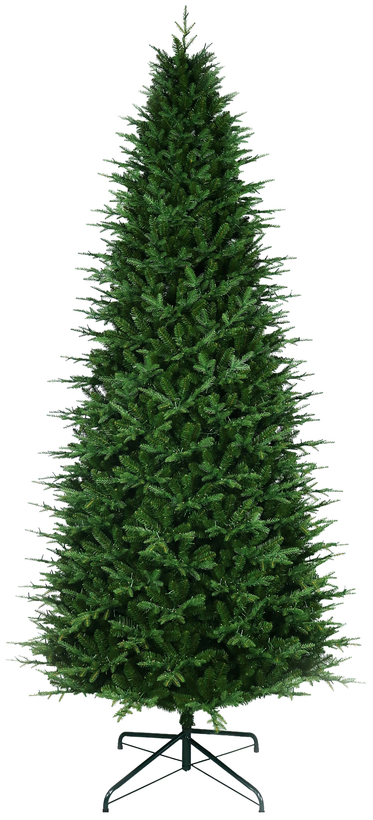 This 11 ft. artificial Christmas tree with the lights off. This tree is up against a white background.
