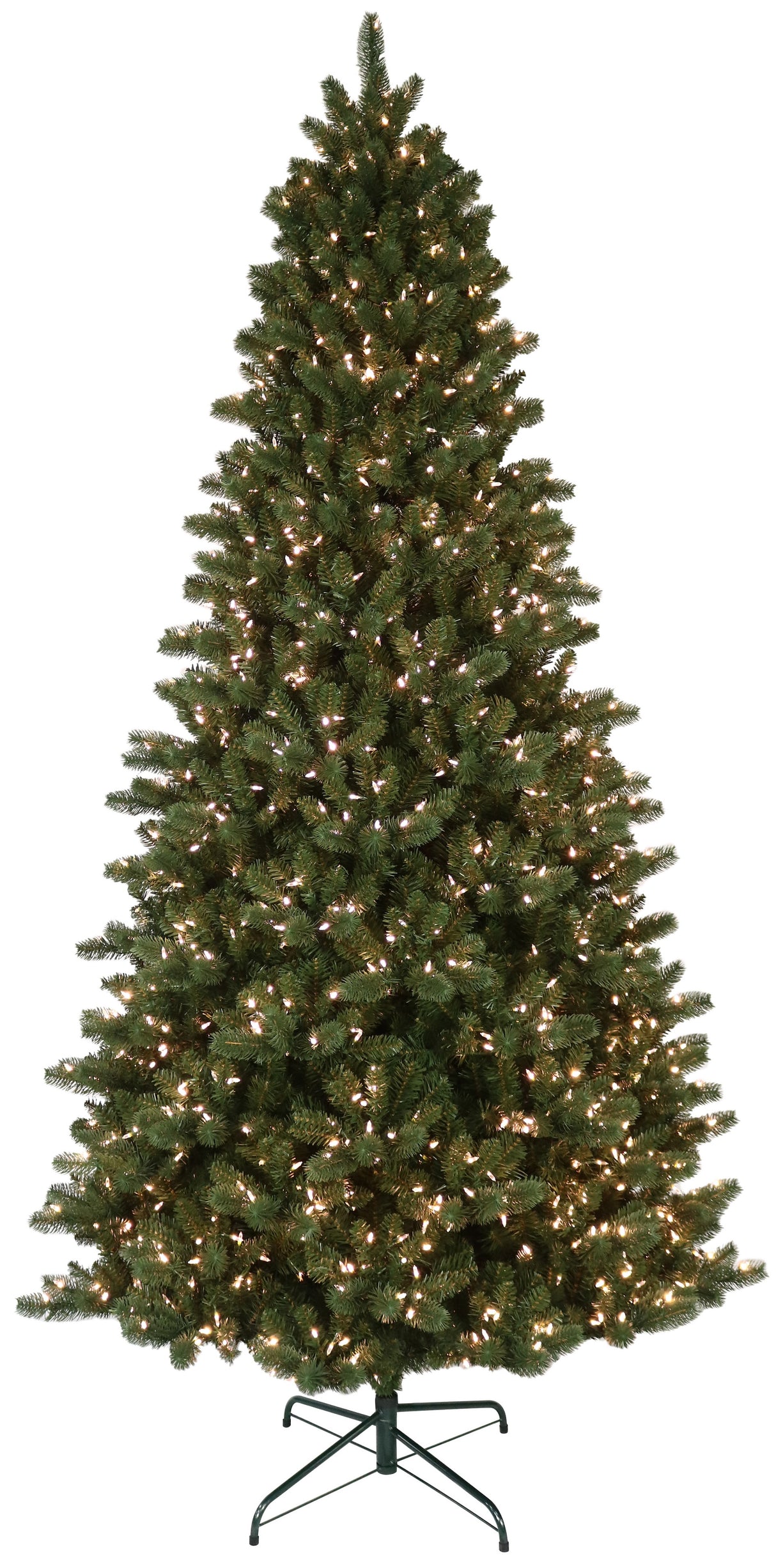 This is the 9 ft. tree with Warm White Starry Lights on. This tree is up against a white background.