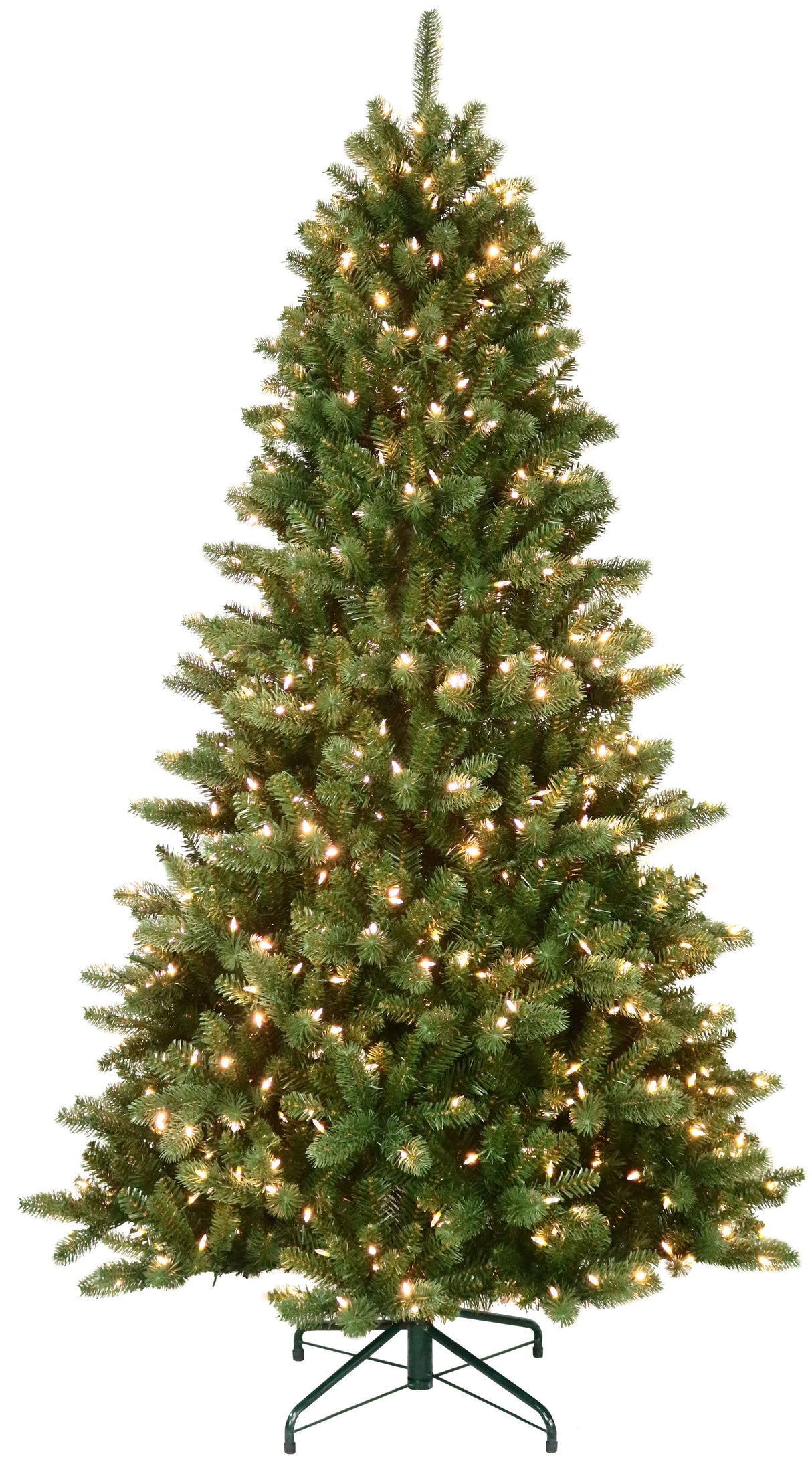 This is the 7.5 ft. tree with Warm White Starry Lights on. This tree is up against a white background.