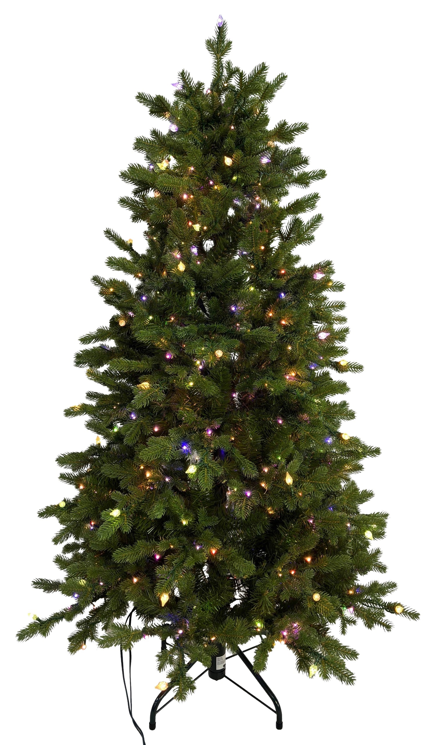 This image shows this specific artificial tree pre-lit with Multi-Colored Starry Lights. This tree is up against a white background.