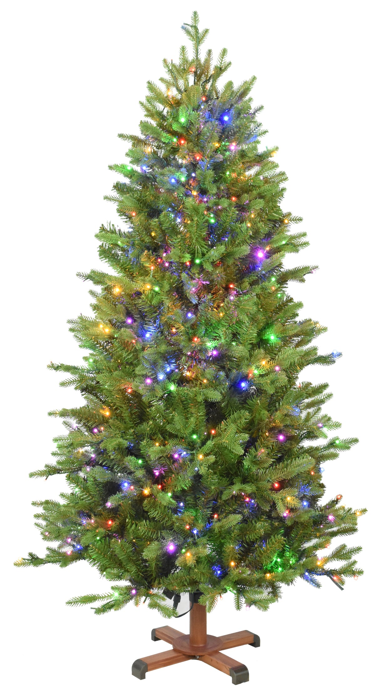 This image shows the tree with Multi-Colored Starry Lights. It has a wooden stand. This tree is shown against a white background.