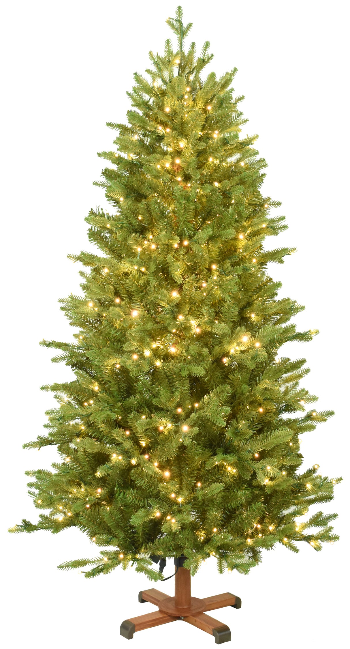 This image shows the 5 ft. tree pre-lit with Warm White Starry Lights. It has a wooden tree stand.