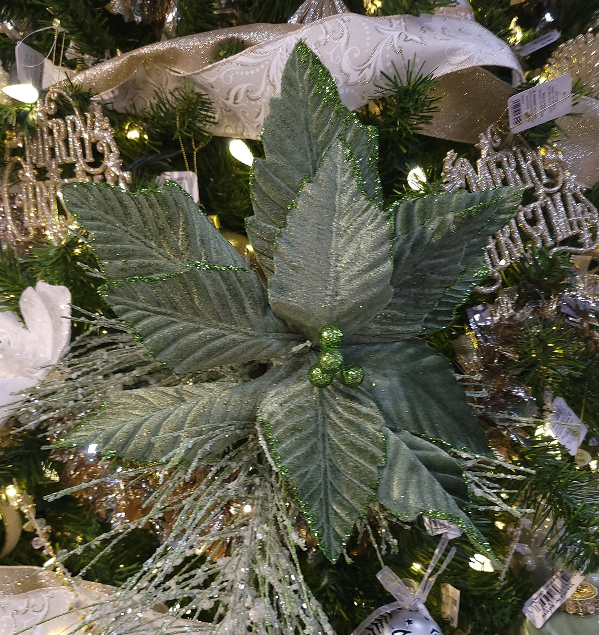 10.5" Sage Green Velvet Poinsettia Pick
