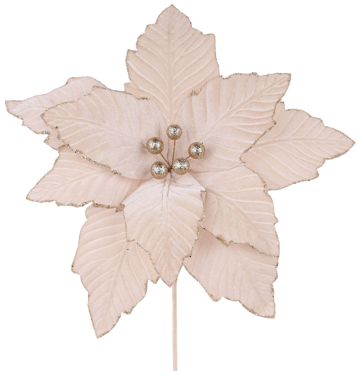 Champagne colored poinsettia pick spray. Textured to look real. Features champagne colored glitter around the petals and in the center.