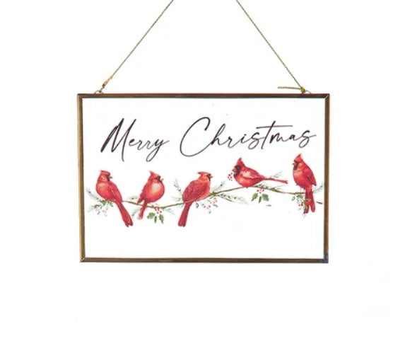 This ornament reads "Merry Christmas" and features five cardinals on a branch.