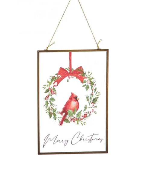 This ornament reads "Merry Christmas" and features a cardinal in a wreath.