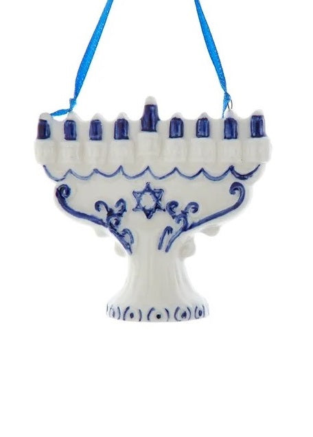 This ornament is shaped like a white menorah with blue candles.