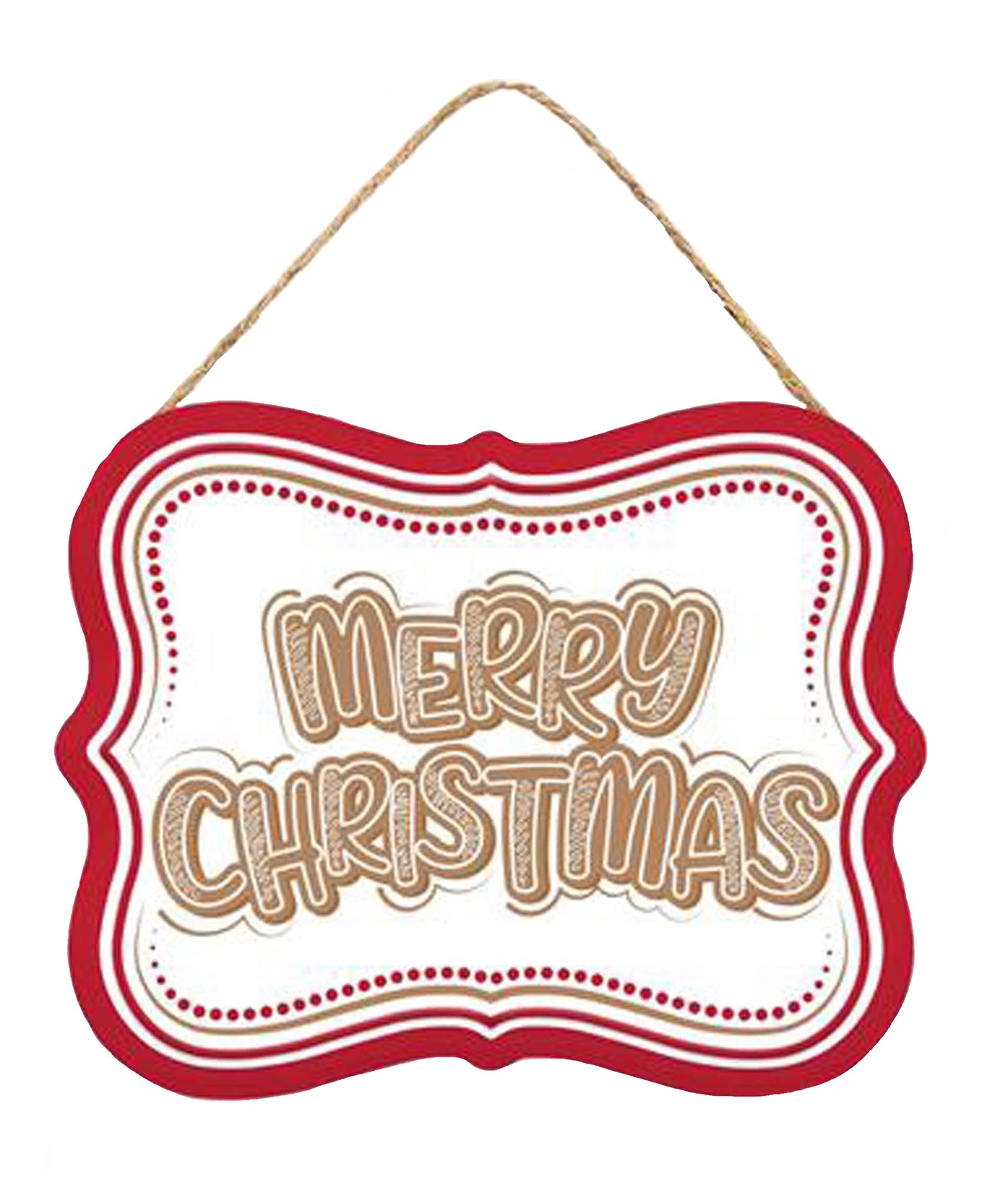 This image shows the sign that is white with a red border and reads "Merry Christmas" in a gingerbread cookie-style font.