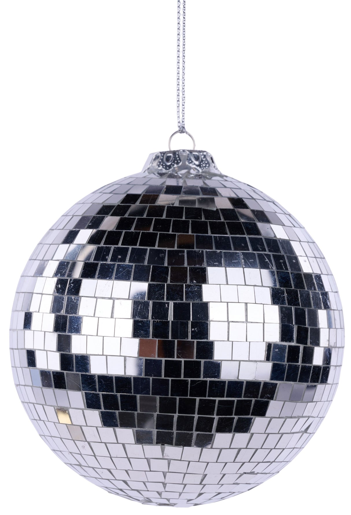 This image shows a round ball ornament covered in mirror tiles.