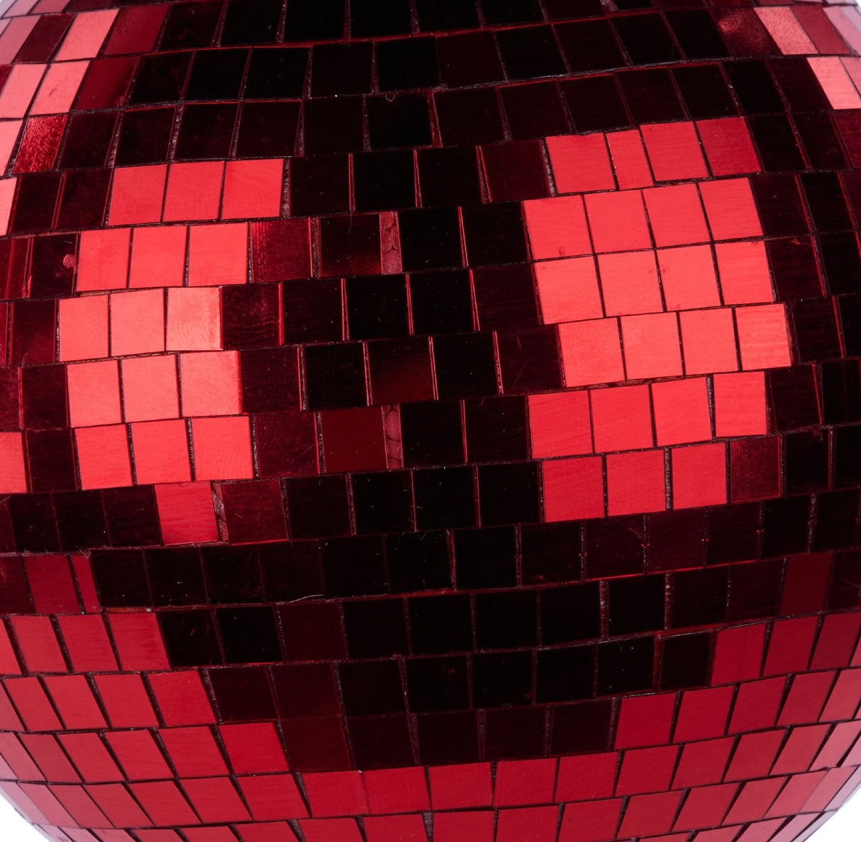 This is an up close view of the red tiles on this disco ball ornament.