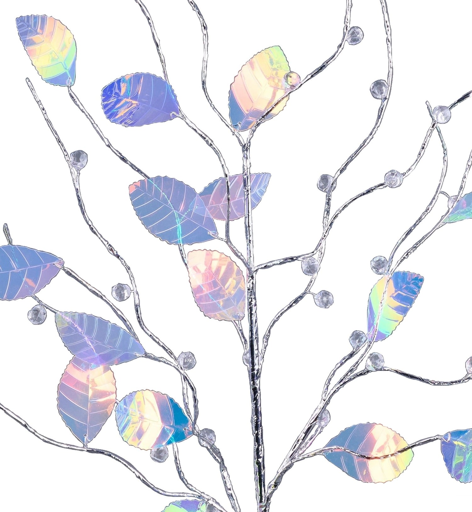 This is an up close image of the reflective leaves, stems and beads.