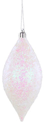 Finial shaped ornament covered in iridescent confetti glitter. It appears white and pink.