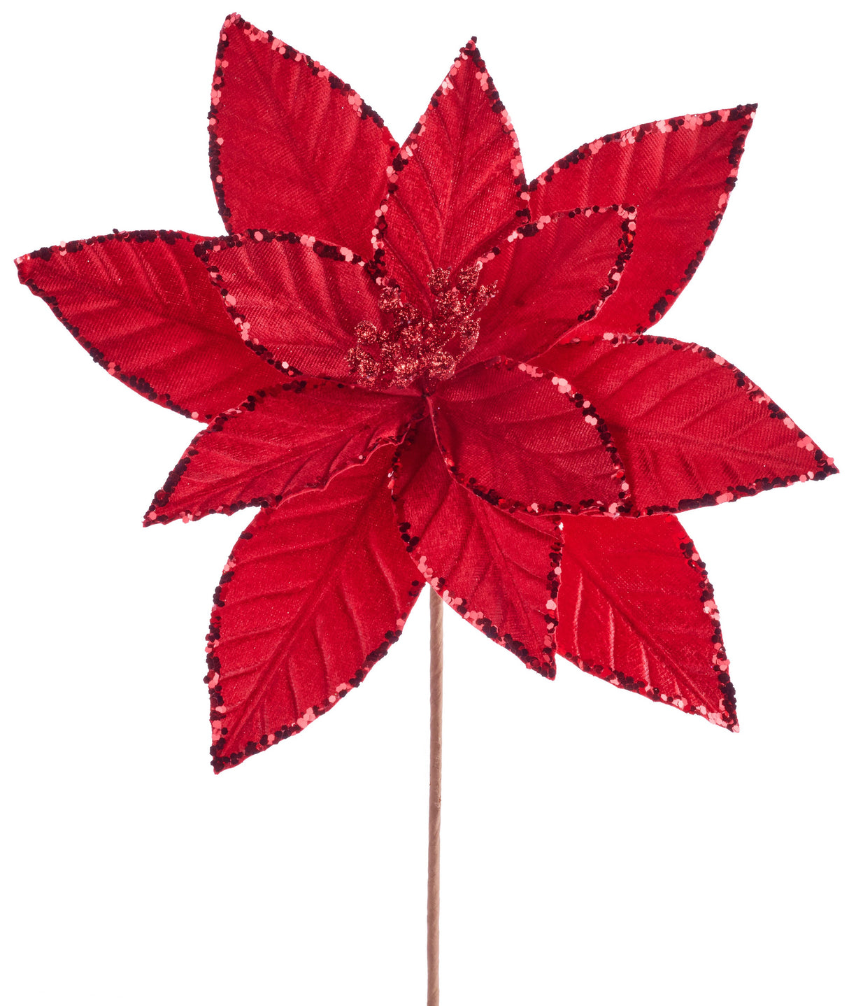 This image shows a red poinsettia pick spray with a red stem. The petals are textured to appear real. The edges and center are covered in red glitter.