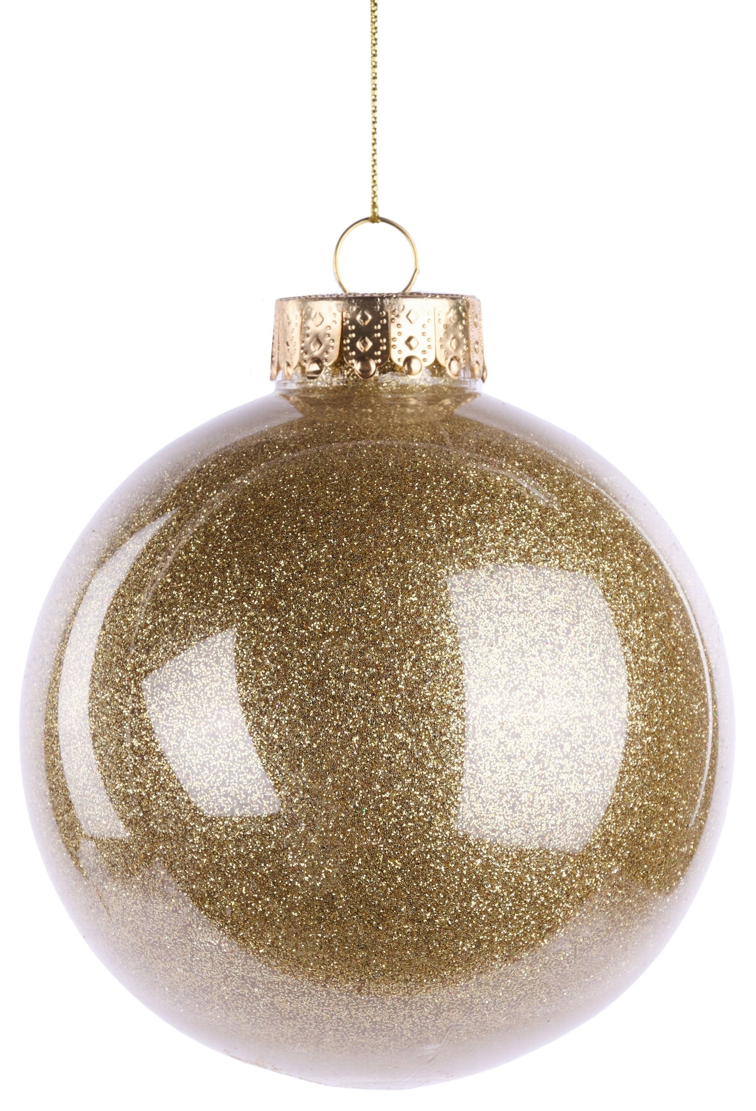 This image shows a gold glitter plastic ornament that was designed to look like it was made of glass. It has a gold cap and hangs from a gold string.