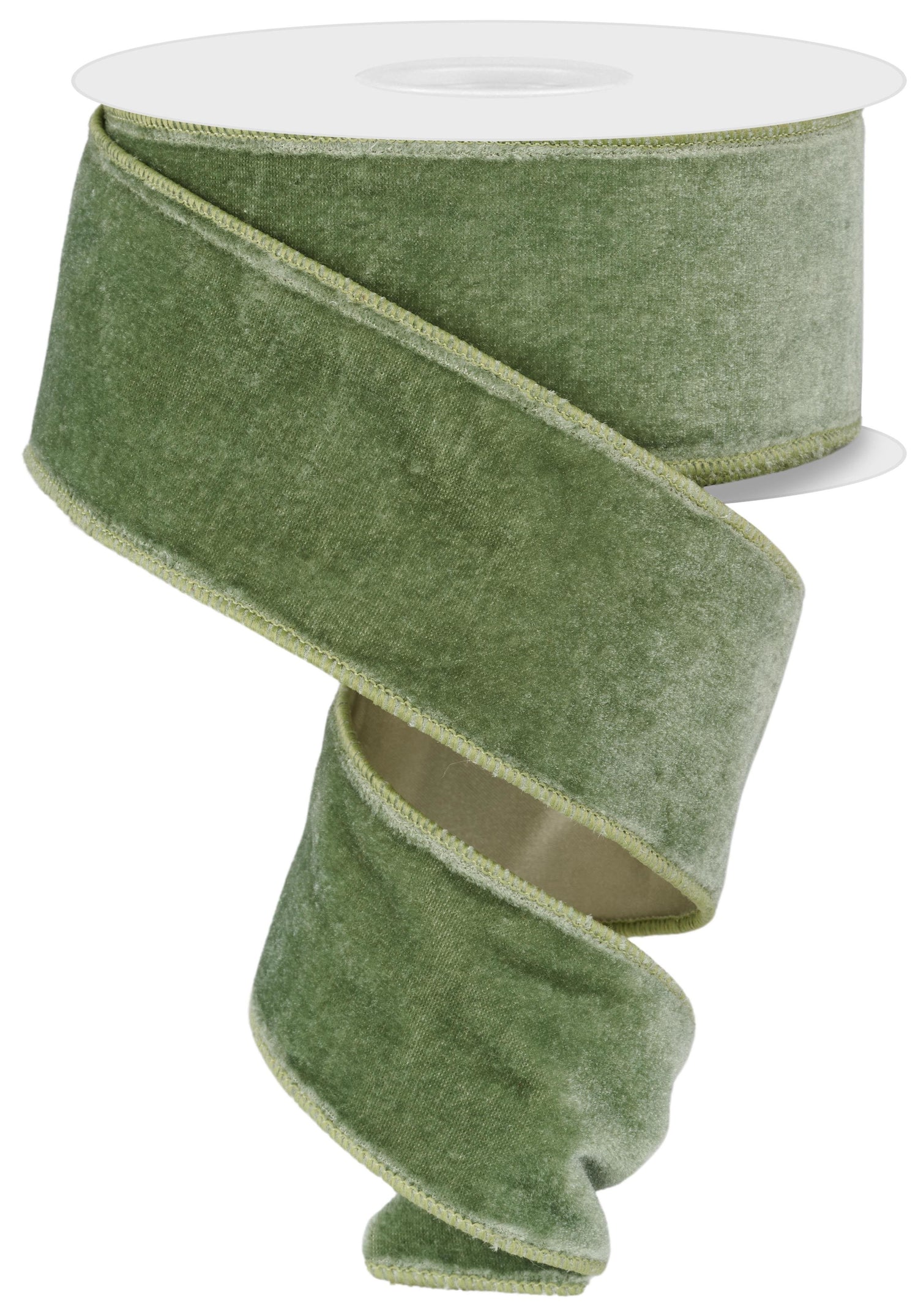 Green velvet ribbon on a white background.
