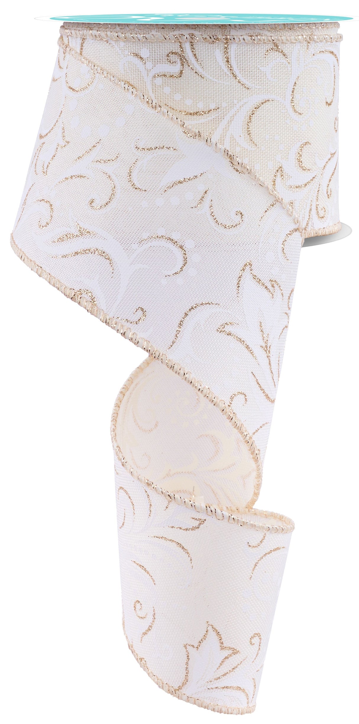 Decorative ribbon with an ivory base and a shimmering champagne leaf swirl print design.