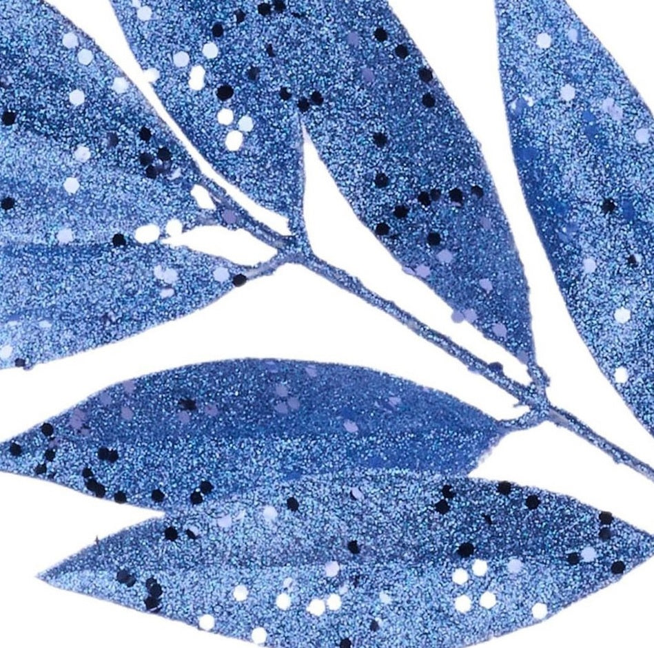 This is an up close view of the smoke blue glitter on the leaves of this pick spray.
