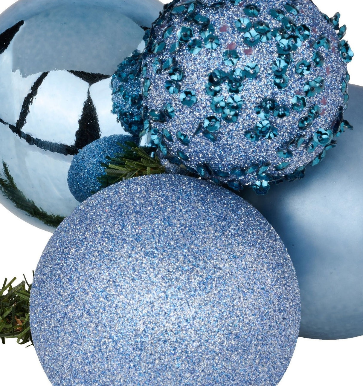 This image is an up close view of the four different smoke blue baubles.