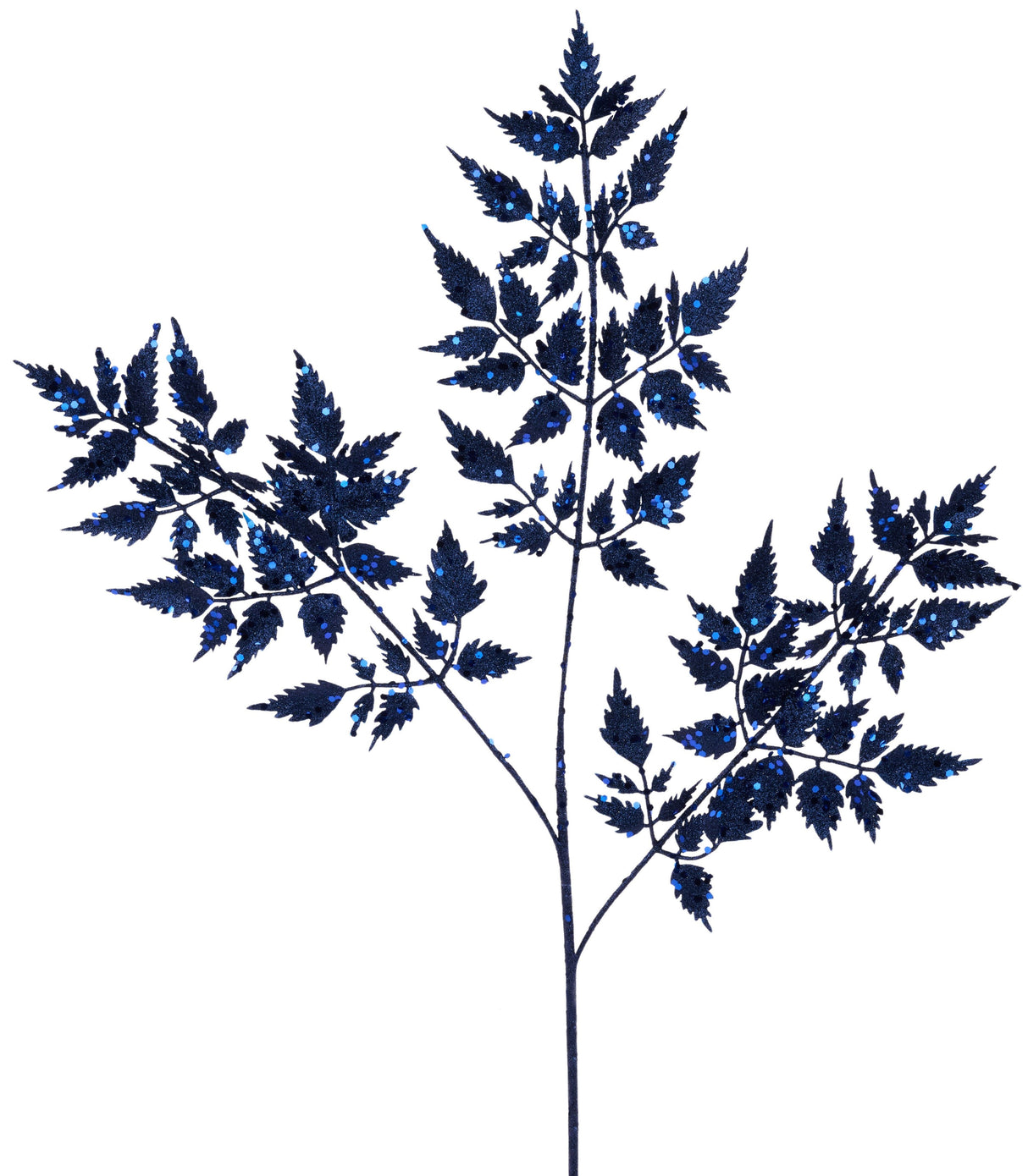This image shows a decorative pick spray decorated with navy blue glitter. Designed to look like a stem with leaves.
