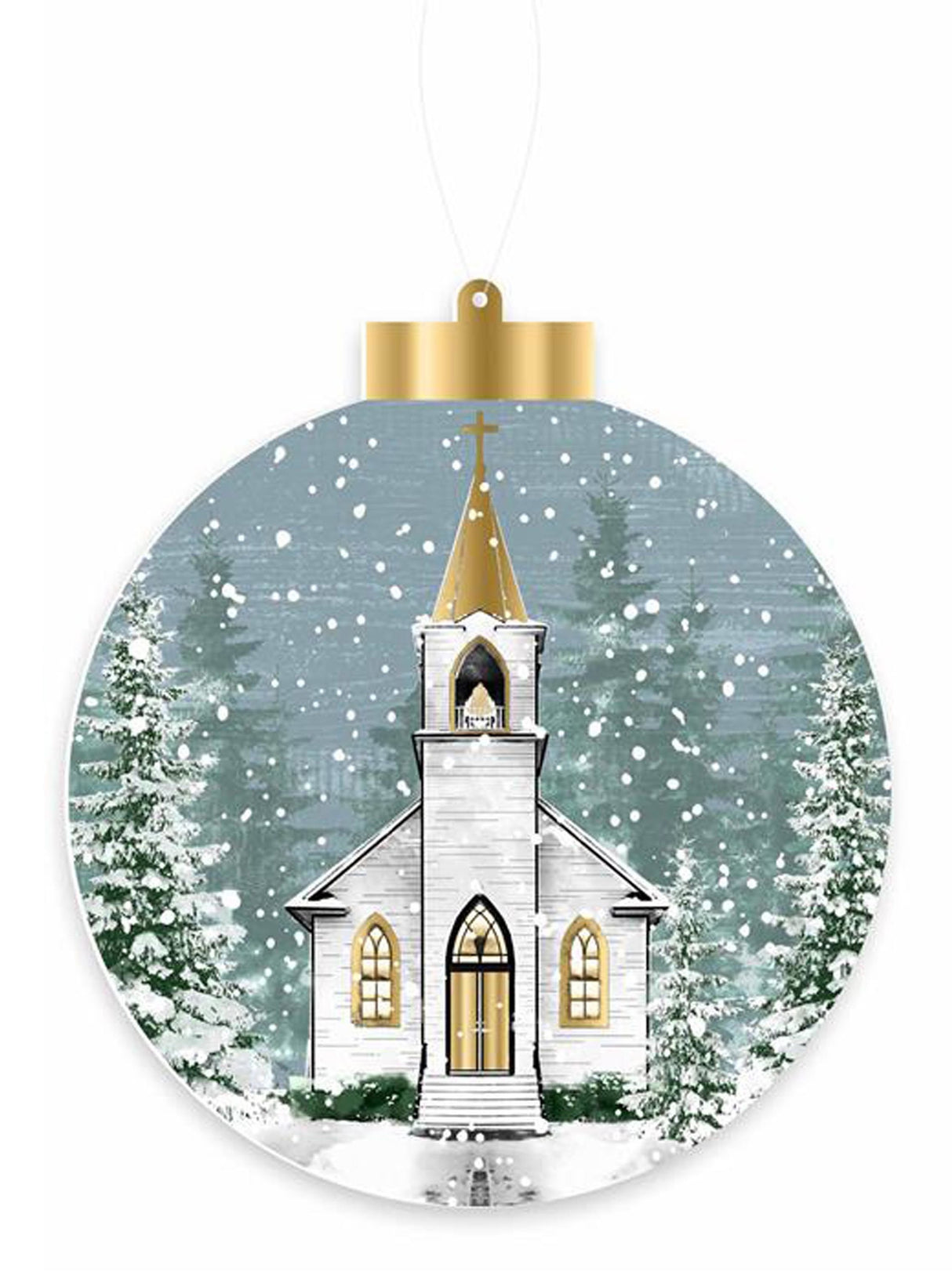 This image shows the ball-shaped ornament with the light blue background. It features a white church with a gold steeple, gold windows and a gold door. There are snow covered trees and snow in the background.