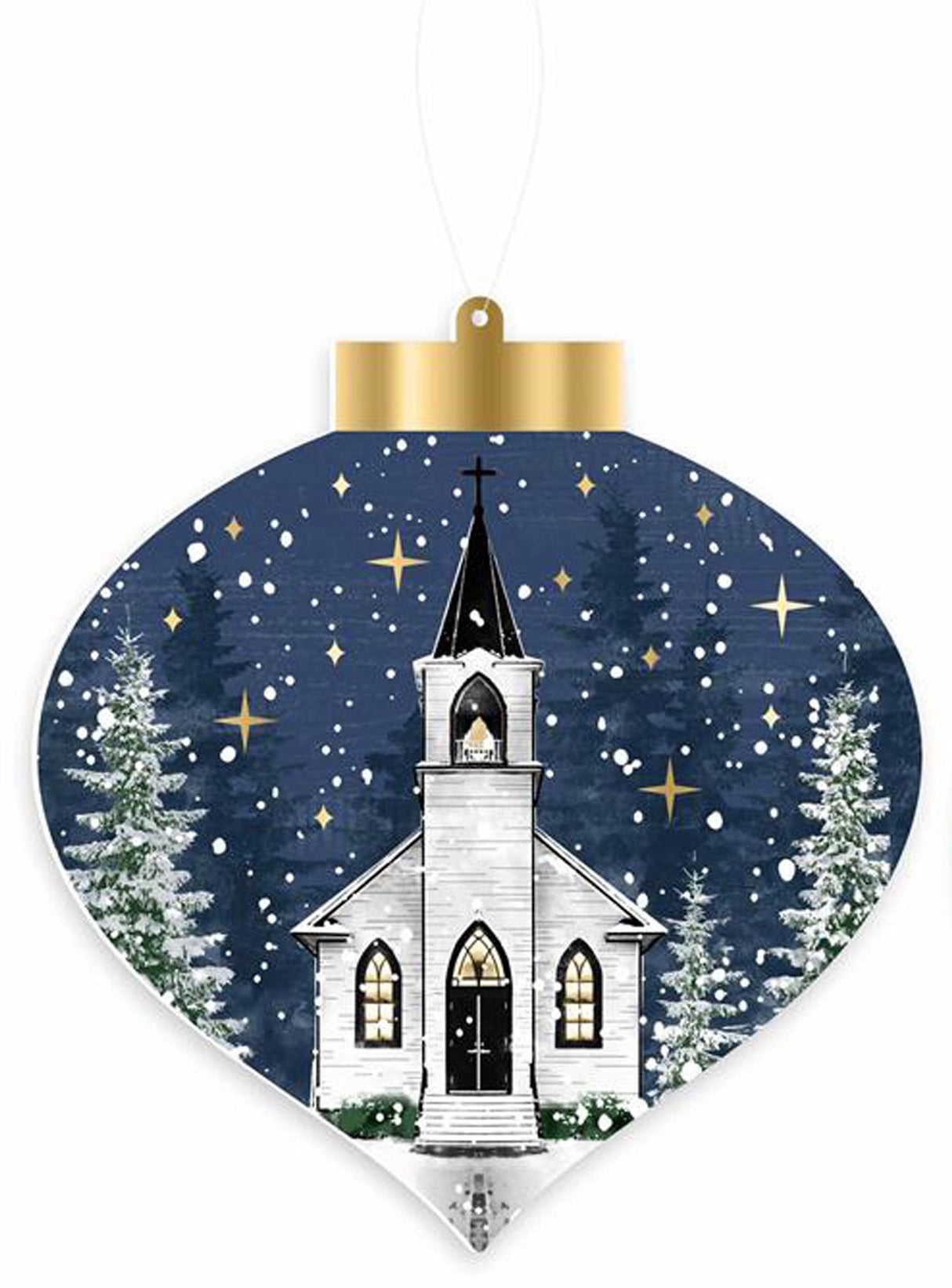 This image shows the onion-shaped ornament with the dark blue background. It features a white church with a black steeple, black windows and a black door. There are snow covered trees and stars in the background.