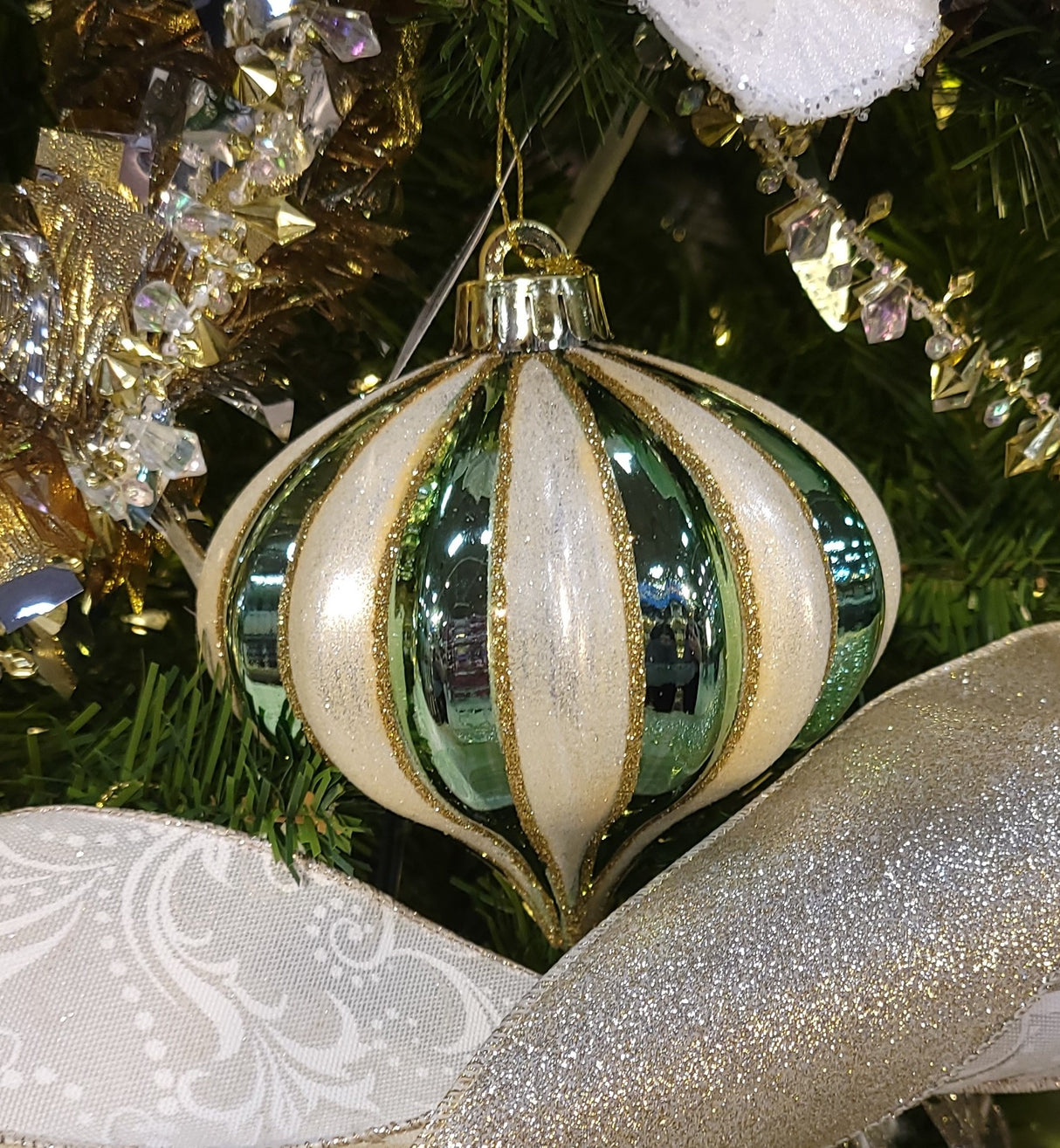 120MM Sage Green, Cream & Gold Striped Onion Ornament