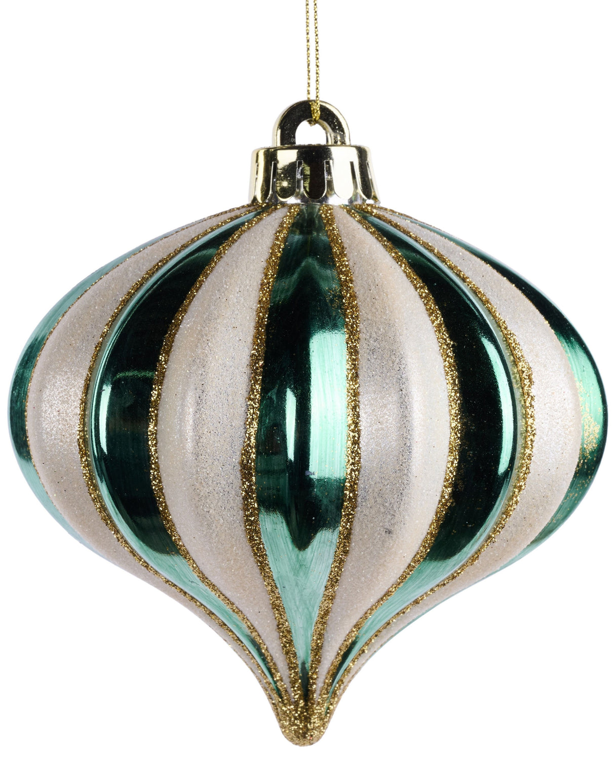 This is an onion shaped ornament decorated with Sage Green, Cream and Gold Glitter colored stripes.