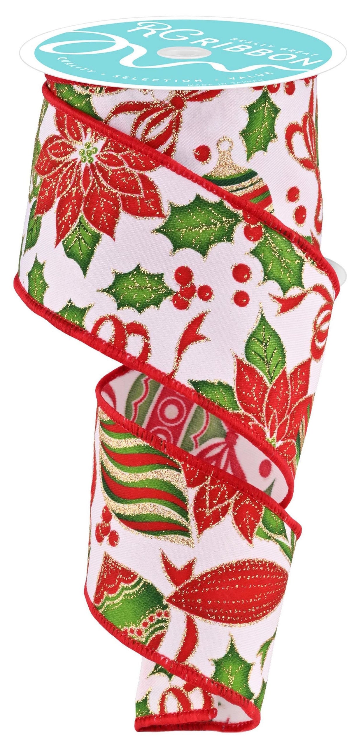 This image shows the white polyester ribbon with red and gold poinsettias and red, green and gold ornaments. There are red berries and green leaf accents, all accented with gold glitter.