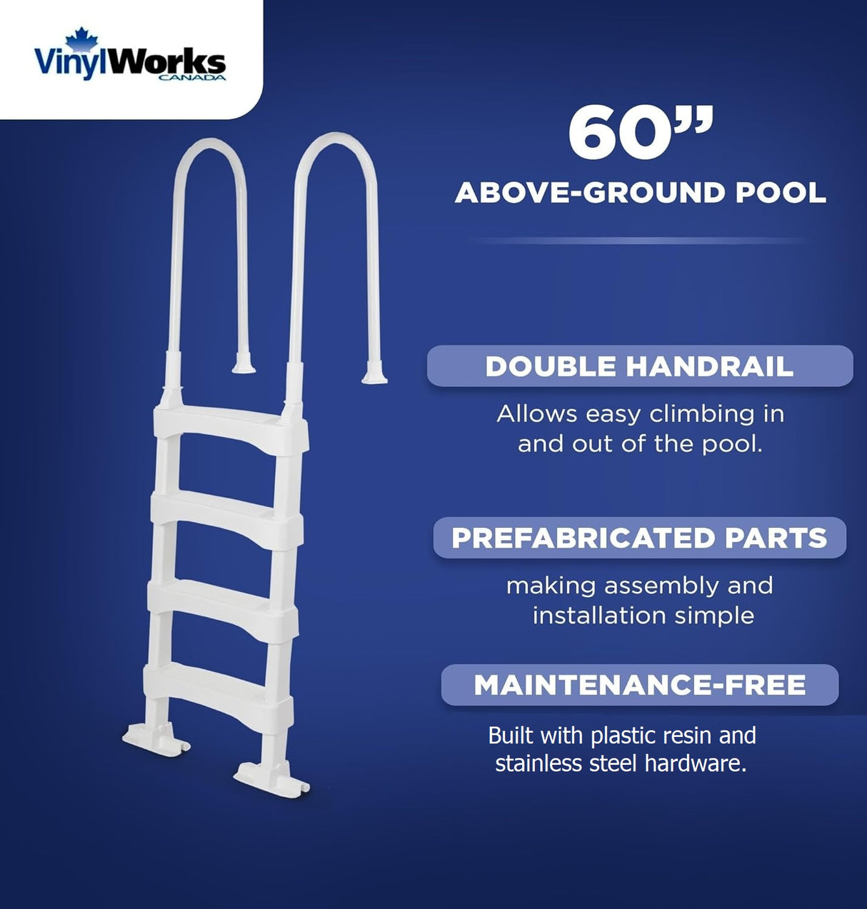 This image shows the ladder on a blue background. It reads "Vinyl Works Canada. 60" above ground pool. Double handrail allows easy climbing in and out of the pool. Prefabricated parts making assembly and installation simple. Maintenance-free built with plastic resin and stainless steel hardware."