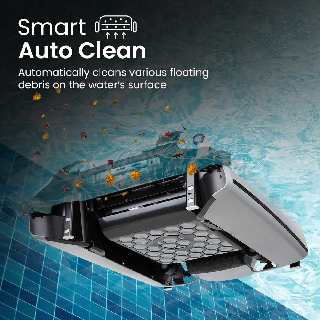 This shows the underside of the pool cleaner. It reads "Smart Auto Clean. Automatically cleans various floating debris on the water's surface."
