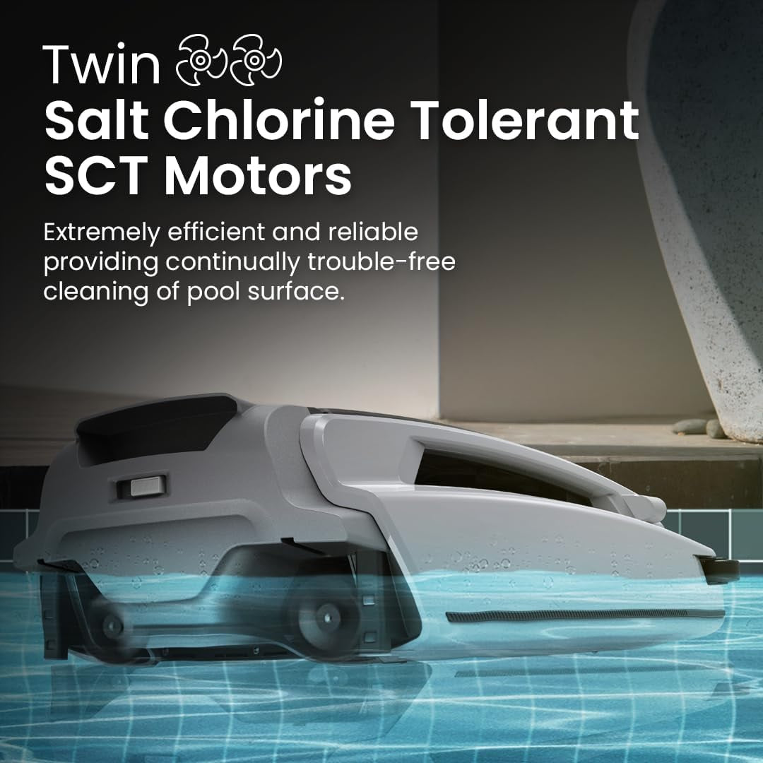 This image shows the cleaner in a pool. It reads "Twin Salt Chlorine Tolerant SCT Motors. Extremely efficient and reliable providing continually trouble-free cleaning of pool surface."