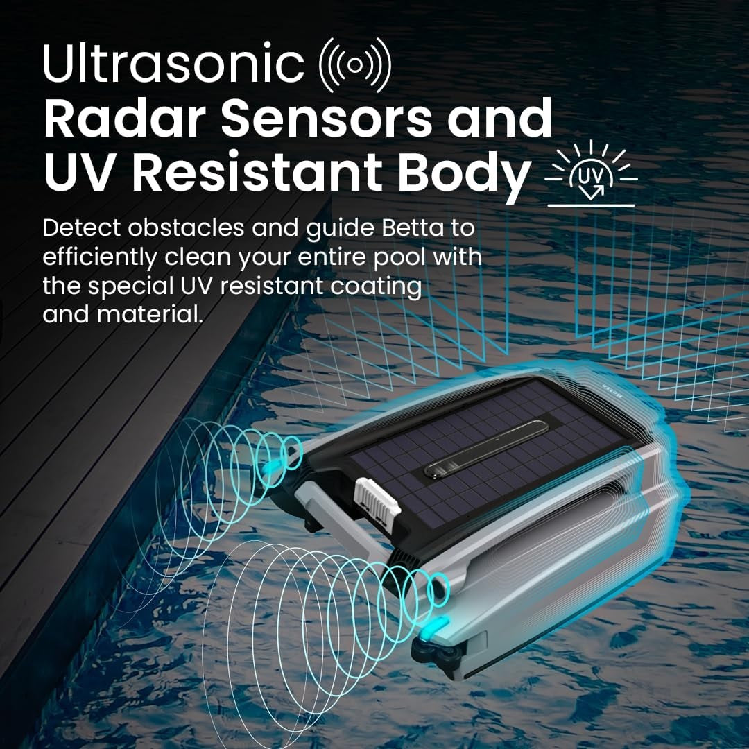 This image shows the cleaner in a pool with soundwaves coming off of it. It reads "Ultrasonic Radar Sensors and UV Resistant Body. Detect obstacles and guide Betta to efficiently clean your entire pool with the special UV resistant coating and material."