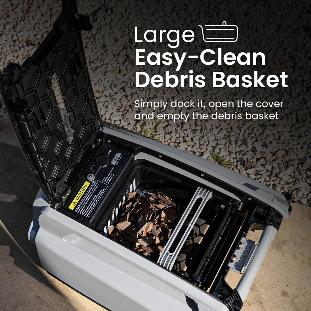 This image shows the pool cleaner open with leaves inside. It reads "Large Easy-Clean Debris Basket. Simply dock it, open the cover and empty the debris basket."