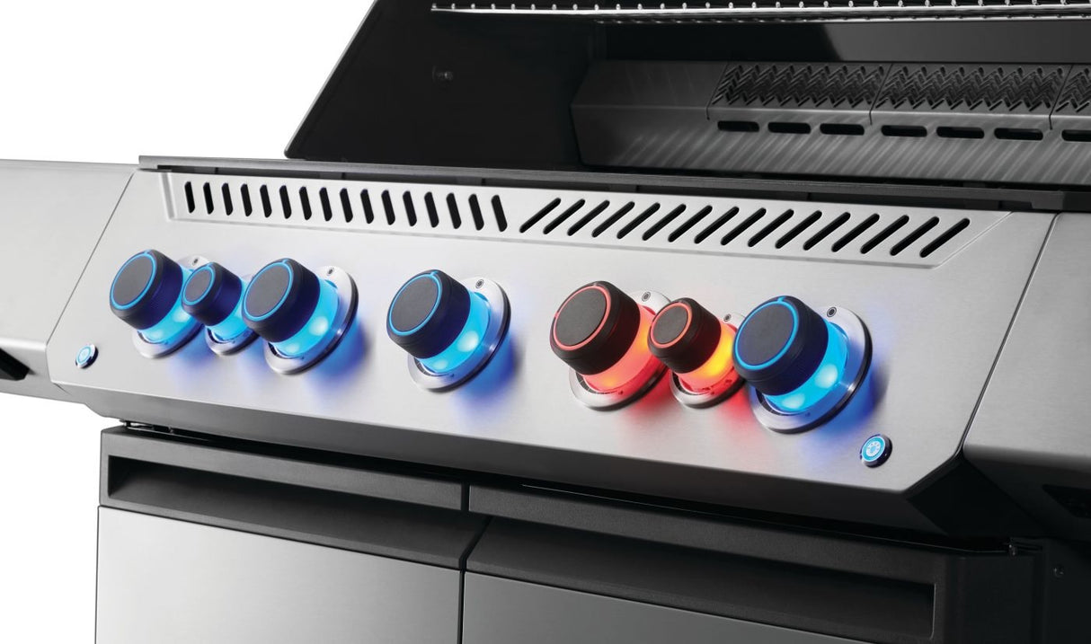 This is an up close view of the grill knobs that light up blue and red.