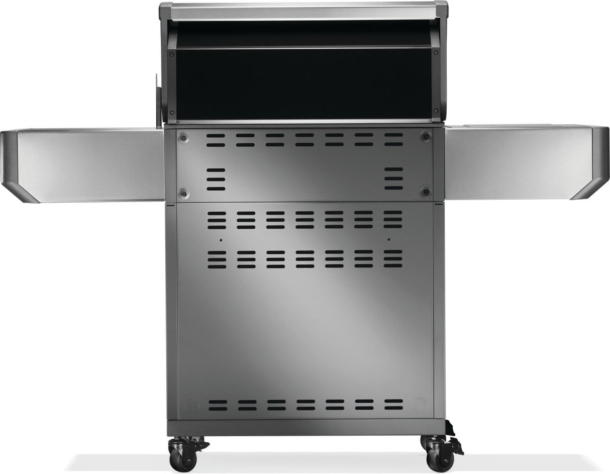 Silver and gray Napoleon grill. There is a built-in thermometer on the lid, there are two shelves outstretched, six buttons and a cabinet that opens up underneath. This is the backside.