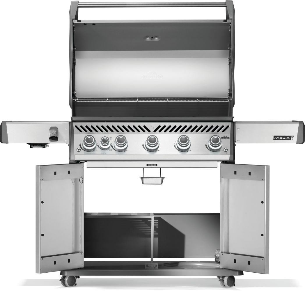 Silver and gray Napoleon grill. There is a built-in thermometer on the lid, there are two shelves outstretched, six buttons and a cabinet that opens up underneath. This is the view of everything open.