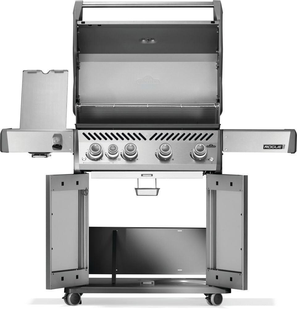 Silver and gray Napoleon grill. There is a built-in thermometer on the lid, there are two shelves outstretched, five buttons and a cabinet that opens up underneath. This is the view of everything open.