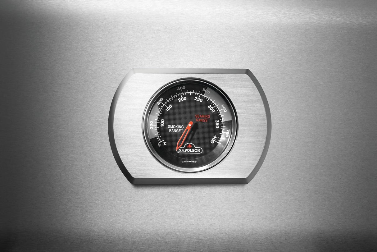 This is an up close view of the built-in thermometer on the lid.