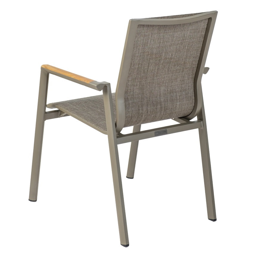 This image shows the back of the armchair with gray frames and sling fabric. The armrests are wooden.
