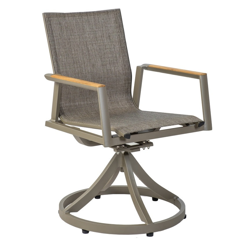 This image shows the swivel rocker armchair with gray frames and sling fabric. The armrests are wooden.