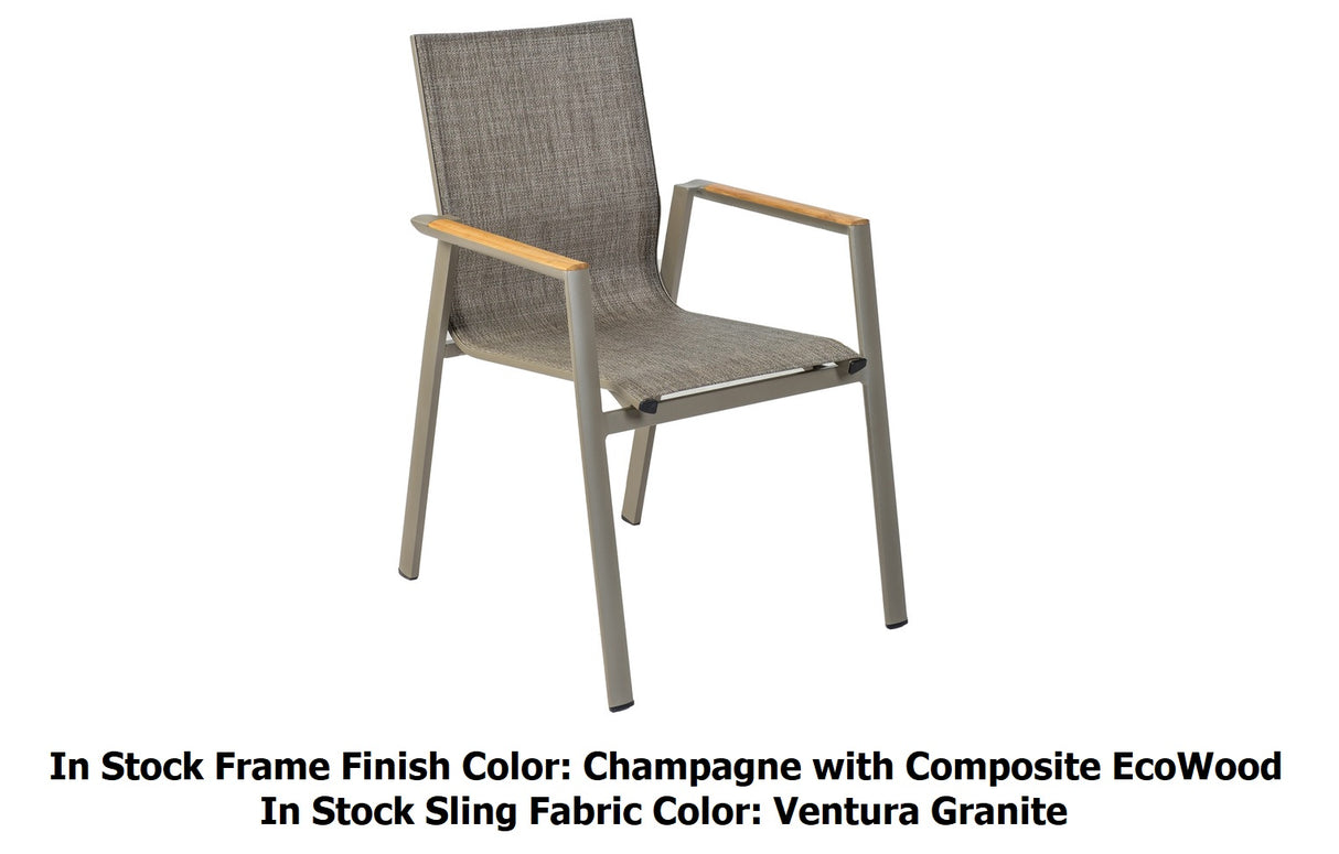This image shows the armchair with gray frames and sling fabric. The armrests are wooden. It reads "In Stock Frame Finish is Champagne with Composite EcoWood. In Stock Sling Fabric Color: Ventura Granite."
