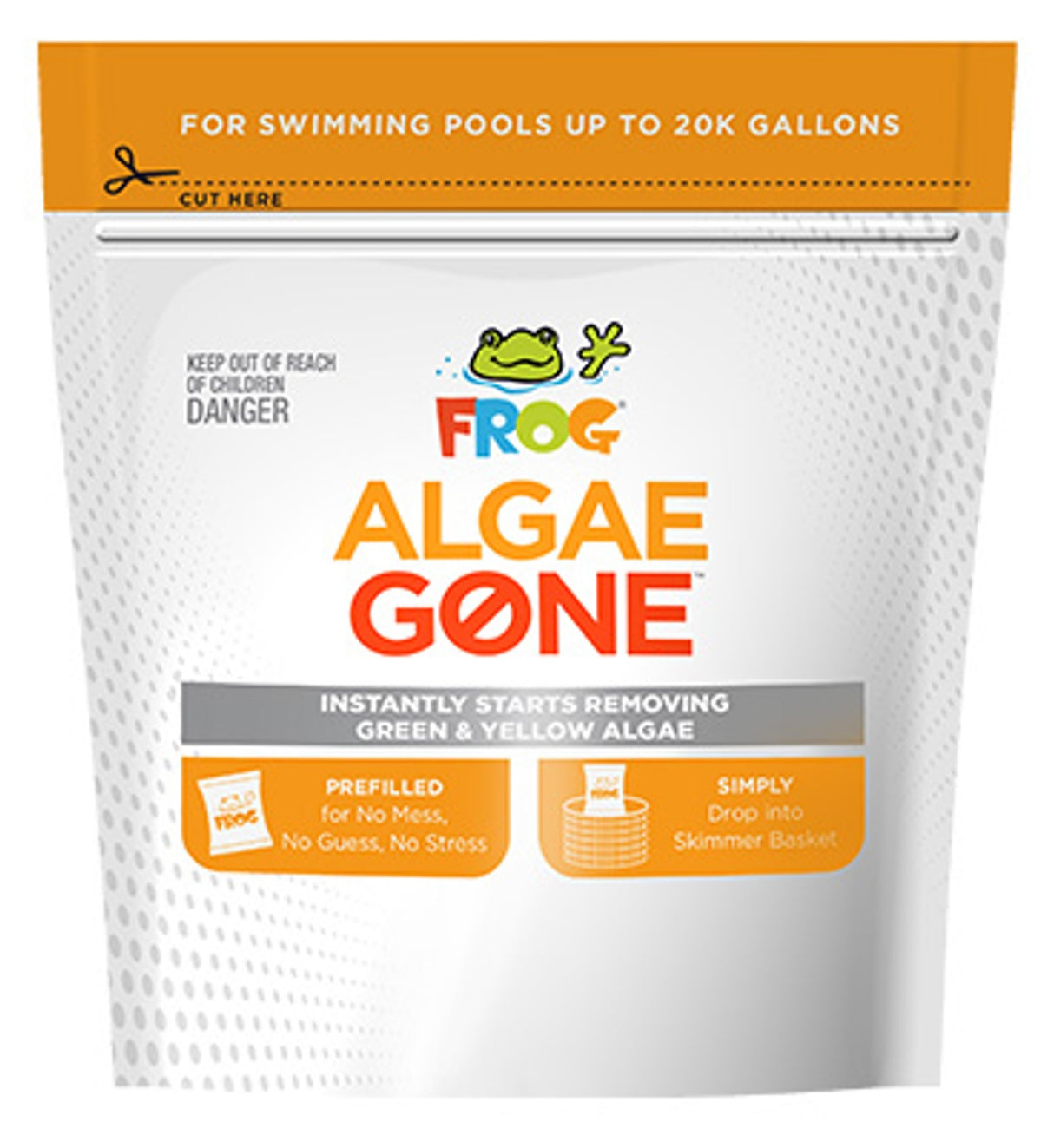 This image shows the packaging and the pod for FROG's Algae Gone. It reads "It instantly starts removing green and yellow algae. Prefilled for No Mess, No Guess, No Stress. Simply put the pod into the skimmer."