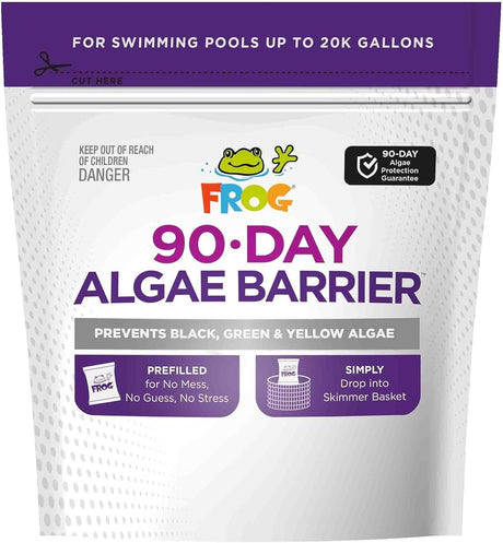 This image shows the packaging for FROG's 90 Day Algae Barrier. It prevents black, green and yellow algae. It's prefilled for No Mess, No Guess and No Stress. Simply drop it into the skimmer basket.