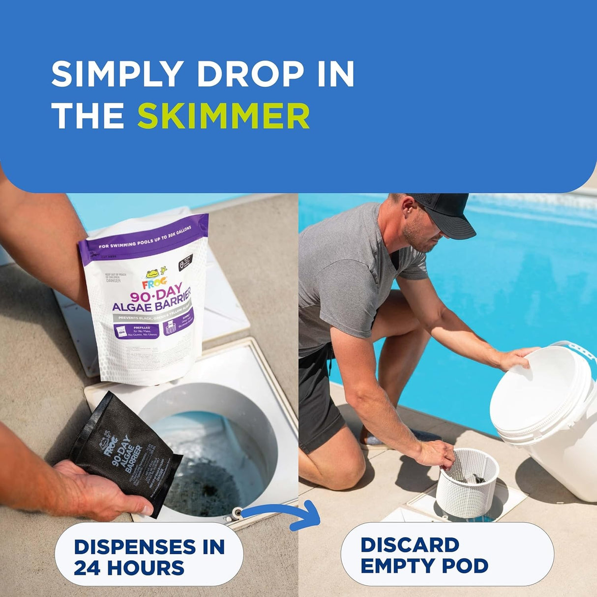 This image shows a man putting the pod into the pool skimmer. It reads "Simply drop in the skimmer. Dispenses in 24 hours. After, discard the empty pod."