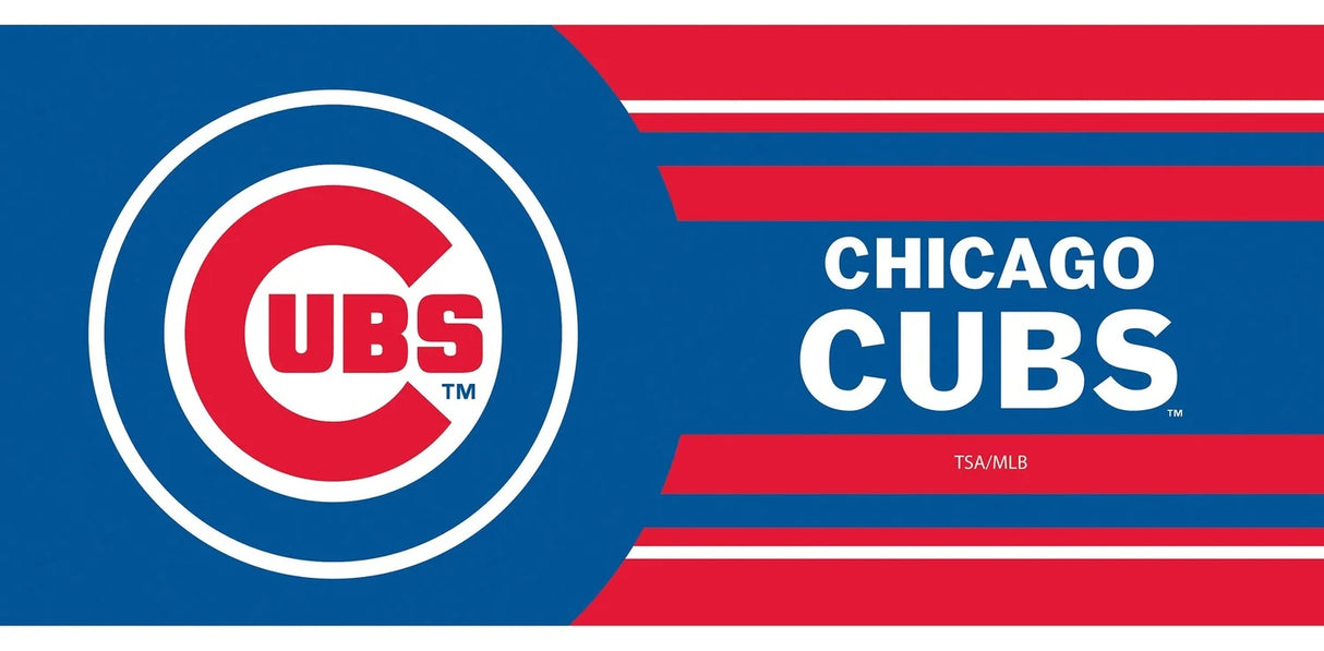 A blue, red and white welcome mat with the Chicago Cubs logo.